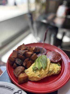 Omelette with house potatoes and salami