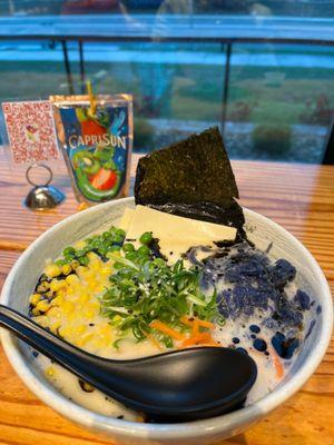 Vegetarian Hakata Ramen Hearty Veggie Broth, tofu to make vegan, pickled carrots, Peas, corn, Purple Garlic Cabbage, burnt garlic oil.