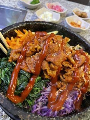 Bulgogi Bibimbap!  Sizzling-hot when it comes out, and there's a crispy layer of rice n the bottom.