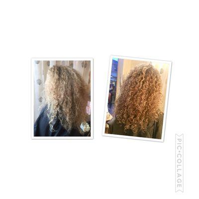 Before and after Cut constructed exclusively for natural curly hair  taming and defining curls to flow .