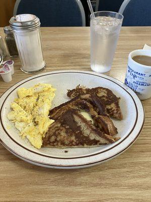 French toast and scrambled eggs.