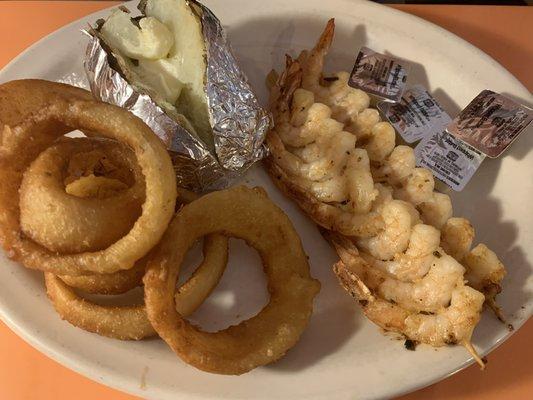 Grilled Shrimp Skewers, Onion Rings, Baked Potato.