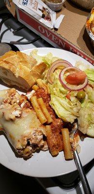 My plate with ziti, salad, bread