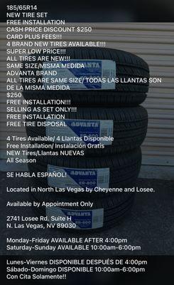 NEW 185/65R14 TIRE SET $250 INCLUDES FREE INSTALLATION