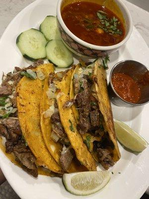 Tacos Birria:
Shredded beef,cheese, cilantro and onion on a corn tortilla w/side consume (dipping soup)