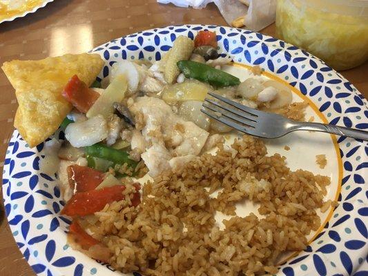 I should have taken it when I started eating. Moo goo gai Pan, cheese wonton and fried rice.