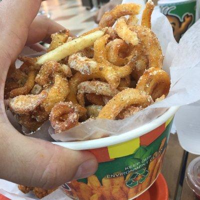 The curly fries (notice the straight one on top) were fine, but that size can't be consumed before they cool down and get soggy and chewy