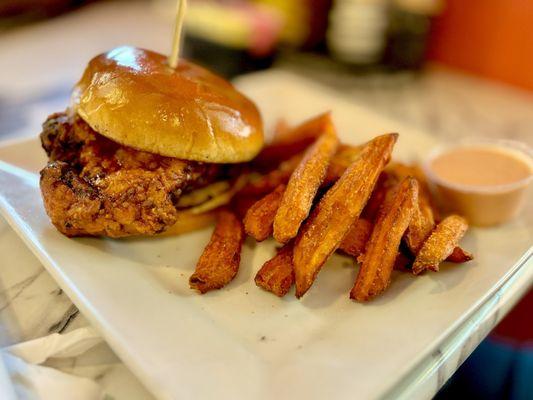 Chicken sandwich with sweet potato fries