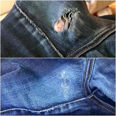 A pair of expensive raw denim jeans that's ripped at the crotch.  The seamstress did amazing work - dropped off at 10AM & picked up at 6PM.