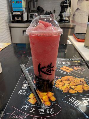 Large watermelon slush with boba - everything was excellent! Fresh ingredients and refreshing! Cute kitty cover