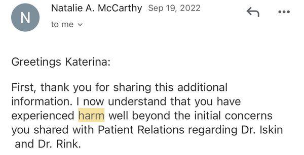 The UW's Investigation & Resolution Specialist admitting I was hurt substantially in-hospital.