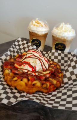 Supreme funnel cake w/ 3 leches ice cream, horchata iced latte and caramel ice latte