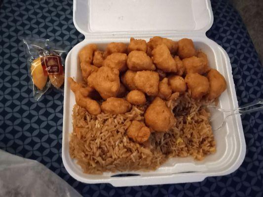 Sweet & sour chicken with vegetable fried rice, Orange chicken, Jalapeno chicken, Pork egg rolls, Hot chili sauce, Yum Yum sauce