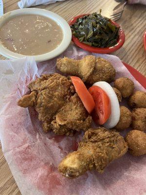 Fried chicken, Northern beans, collard greens and hush puppies!!