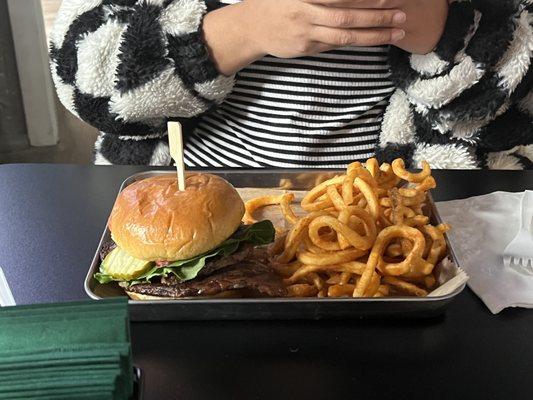 Ribeye sandwich and curly fries