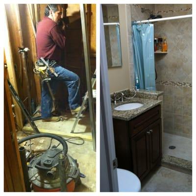 A before and after bath with shower, in laundry room.