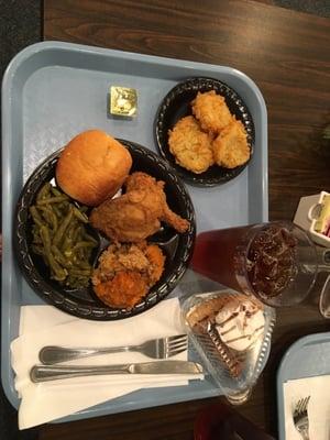 Sweet tea, fried chicken, fried green tomatoes, green beans, so delicious sweet potato casserole, & brownie pie. All good!