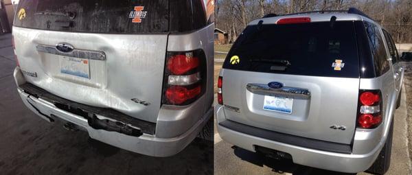 Ford Explorer, rear end damage before and after.