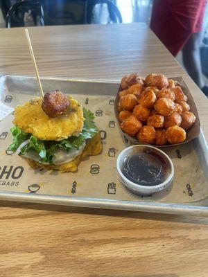 Toston Burger and sweet potato tots.