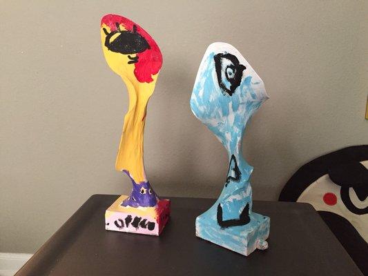 Picasso-inspired sculptures (wire, nylons, gesso, paint).