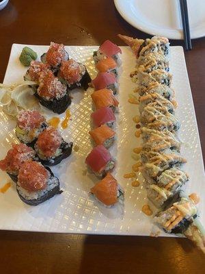 Volcano roll, twin spicy roll, and dragon roll