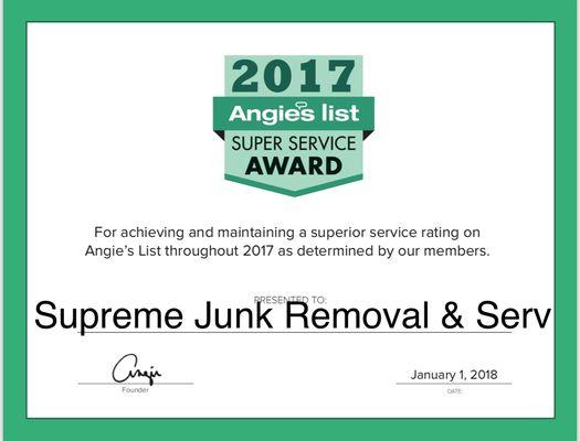 Supreme Junk Removal Earns 2017 Angie's List Super Service Award Award reflects company's consistently high level of customer service.