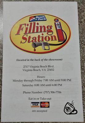 This is the front page of the Filling Station menu.  Photo taken April 13, 2019.