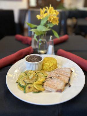 Roast Pork Tenderloin, black beans n yellow rice and calibasitas