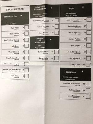 11/6/18. Tuesday morning. Sample ballot with all of the various offices and positions listed and their candidates.