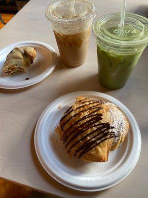 chocolate croissant, matcha latte, cinnamon twist, caramel latte