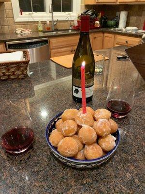 We built our anniversary cake from Resch's donut holes.