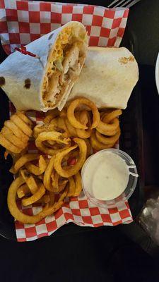 Chicken wrap with curly fries and ranch