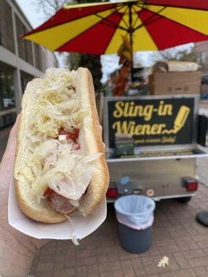 Bratwurst with onions, sauerkraut, ketchup