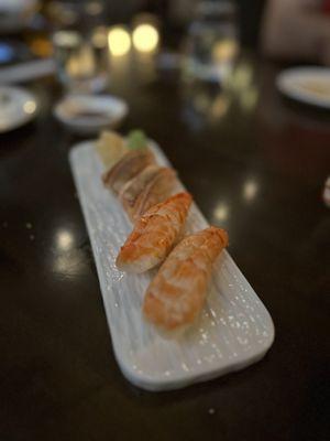 Torched salmon and shrimp nigiri