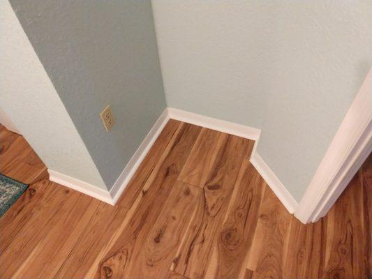 Sharp lines along baseboards and in corners. Spotless floors.