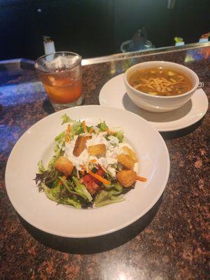 Garden Salad with blue cheese dressing, Chicken Tortilla Soup and a Tito's Strawberry Lemonade.