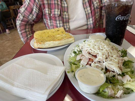 Chef Salad w/ham or turkey. We chose turkey. Comes with Garlic Bread!