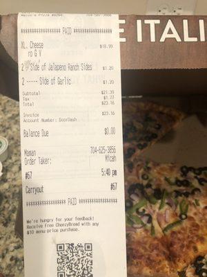 Our receipt that was on the pizza