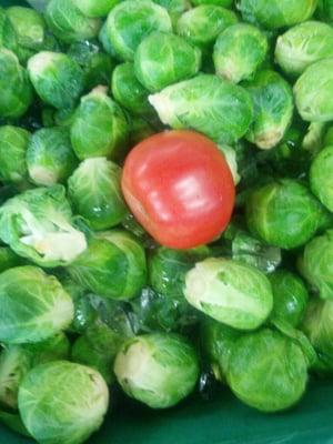 Biggest brussels sprouts, evah. Almost as big as my tomato. $1.79 per pound.