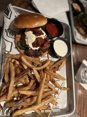 Jalapeño Popper burger, side of fries and ranch