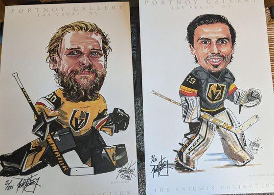 VGK goalies Lehner and Fleury, signed and numbered by Neal Portnoy the artist.