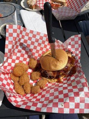 Corn fritters and BBQ bacon chicken sandwich