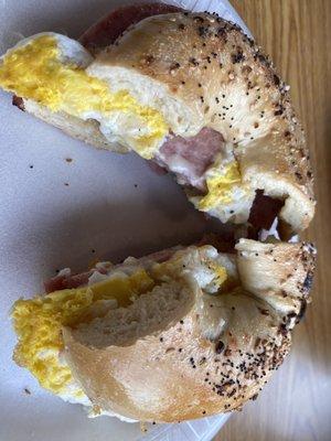 Egg, cheese, pork roll, everything bagel.