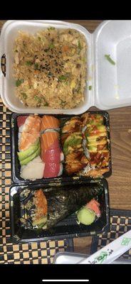 1. Hibachi Fried Rice, rainbow roll, dragon cut roll, spicy salmon hand roll