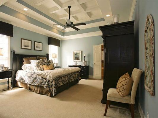 interior painting - blue grey walls & crown molding, fan and lighting installations