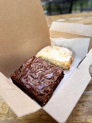 Salted caramel brownie and lemon scone