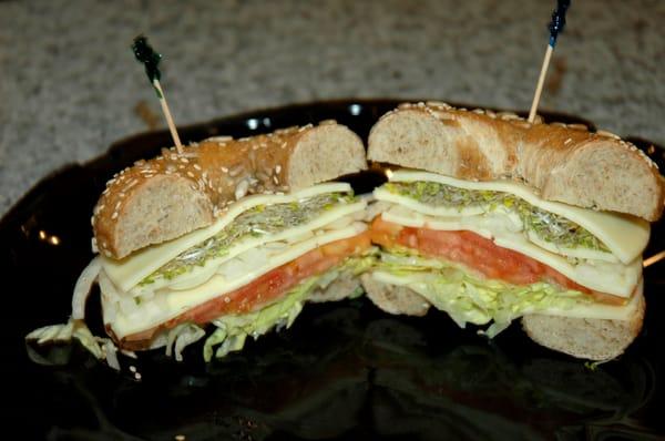 HEALTHY BAGEL-Sliced cheese of your choice layered with lettuce, tomato,  sprouts, onions flavored with balsamic dressing