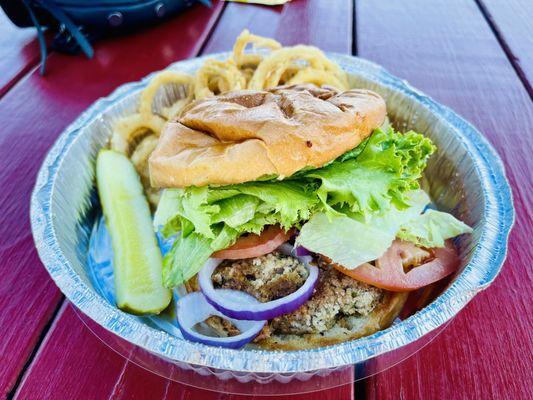 Vegan burger was VERY squishy.  Onion rings were very oily, but still good.