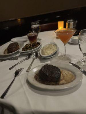 Ribeye (left), Filet, Brussels, Mashed Potatoes  New York Sour, Paper Plane