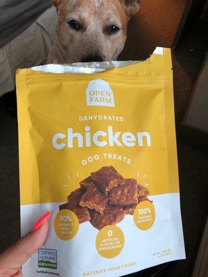 Dehydrated chicken treats. Certified humane. Like chicken jerky.